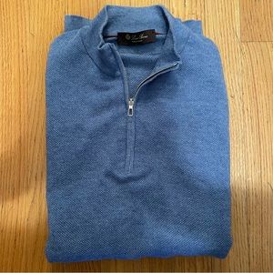 Loro Piana Cotton, Cashmere & Silk Quarter Zip Blue Sweater Men's size 58